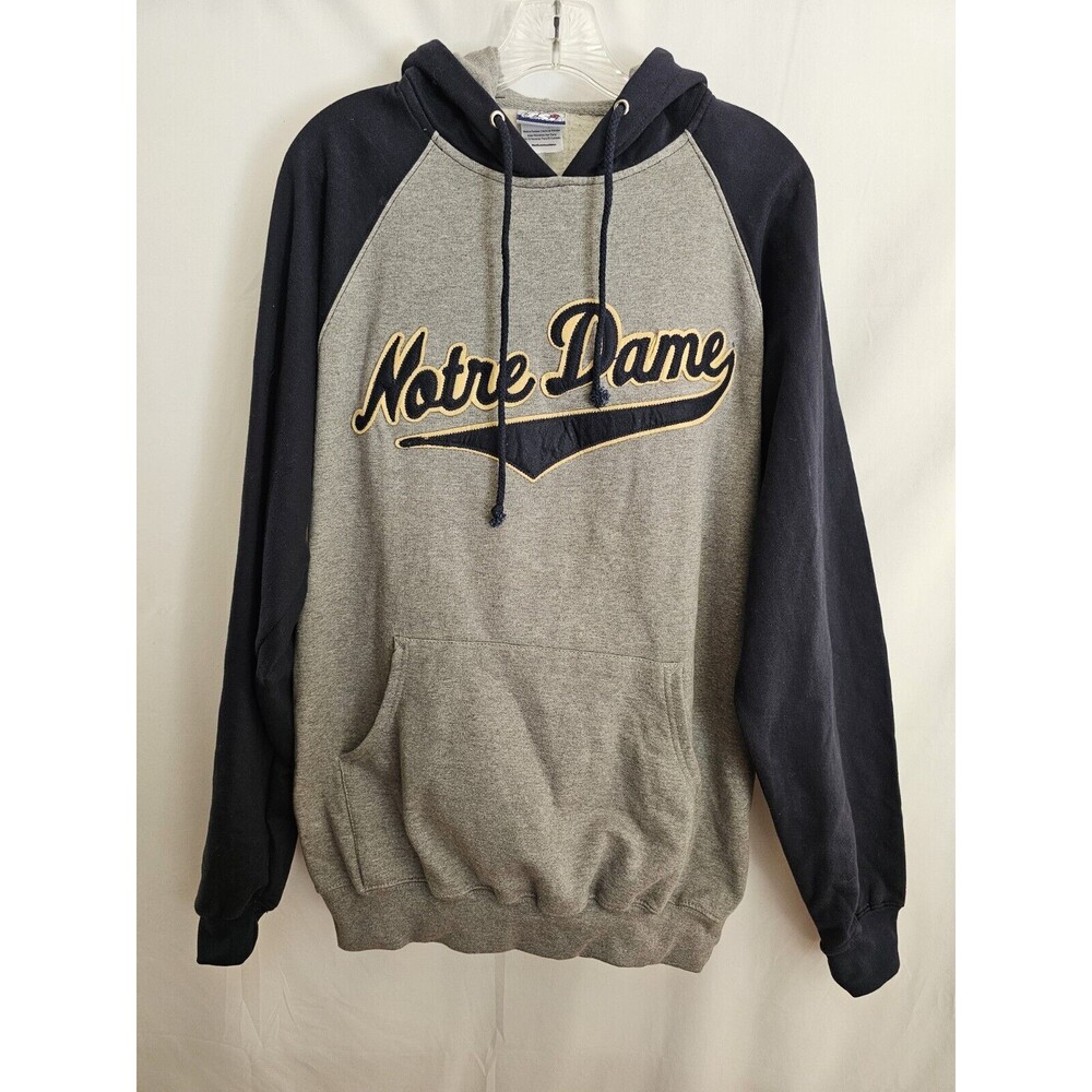 Vintage Notre Dame Hoodie Mens Gray with Blue Sleeves Sweatshirt Size Medium